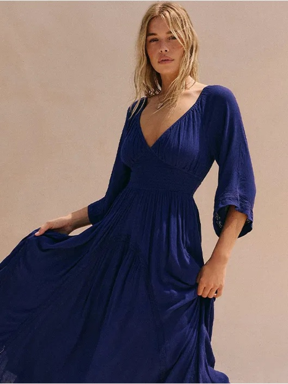 Free People Blue / Purple V Neck Maxi Dress Dixie with Smocked Waist Boho - Picture 2 of 9